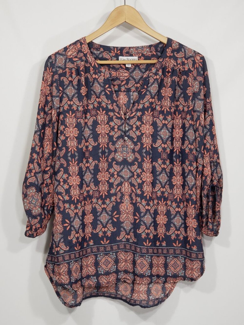 Kim Rogers  Floral Blouse  Tab Sleeve  Women's XL  V-neck